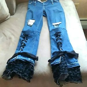 Unique jeans,  raw waist and hem with lace